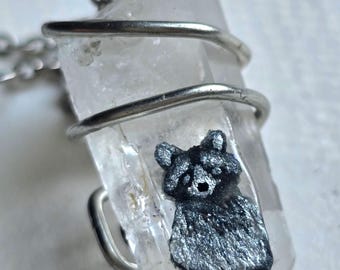 Hand-Painted Racoon Quartz Crystal Necklace with Glass Beads – Animal Lover Jewelry