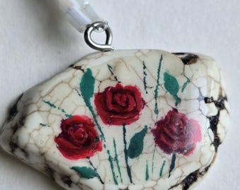 Hand-Painted Red Roses on White Stone Beaded Necklace Gift for Mother's Day Birthday Present