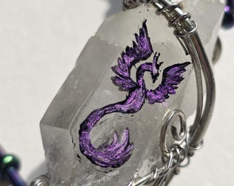 Hand-Painted Purple Phoenix Quartz Necklace: Wire-Wrapped Fantasy Creatures Crystal Pendant