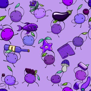 May include: A whimsical, repeating pattern on a lavender background. The design features cartoonish purple characters holding various objects, including a fish, eggplant, star, wine bottle, and shorts. Green leaves and other purple elements complete the playful illustration.