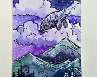Flying Manatee ACEO, Original Surreal Watercolor, Dreamy Starry Night Sky, Whimsical Mini Art Gift
