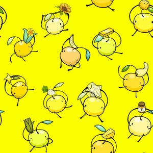 May include: A repeating pattern of cartoonish yellow fruit characters on a bright yellow background. Each character has a unique fruit or vegetable accessory, such as a sunflower, banana, or cheese. The characters have black outlines and simple facial features.