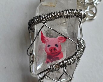 Hand-Painted Farm Animal Pig Quartz Necklace: Wire-Wrapped Crystal Pendant