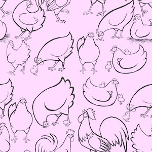 Puede incluir: Patrón repetido de gallinas, pollitos y gallos en arte lineal negro sobre un fondo rosa claro. Las gallinas están en varias poses, algunas picoteando el suelo, otras con pollitos. El gallo tiene una gran cresta.