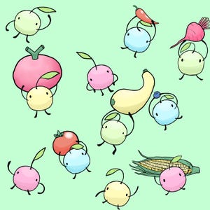 May include: A whimsical illustration featuring cartoon vegetables and fruits with smiling faces and tiny limbs. The image includes a tomato, corn, zucchini, radish, and other colorful produce on a light green background. Each character is holding a piece of produce.
