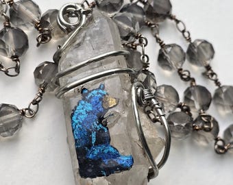 Hand-Painted Bear Quartz Crystal Necklace with Glass Beads – Animal Lover Jewelry