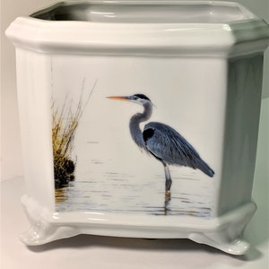 Puede incluir: Jardinera de cerámica blanca con forma rectangular y base decorativa. Presenta una ilustración detallada de una garza azul de pie en el agua, con juncos en el fondo. La garza tiene un largo pico naranja.