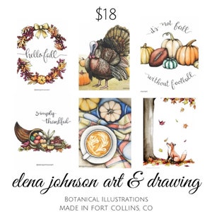 May include: Set of six fall-themed notecards featuring illustrations of a turkey, pumpkins, a cornucopia, a coffee cup, a fox, and a wreath. The cards are $18 and say "hello fall", "it's not fall without football", and "simply thankful".