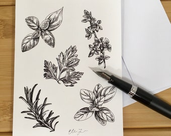 Black & White Herb A2 Notecard - Single blank greeting card with envelope, pen and ink illustration of Rosemary,Thyme,Basil,Oregano,Parsley