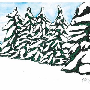 May include: A watercolor painting of a snowy forest scene with a group of evergreen trees in the foreground. The trees are outlined in black ink and filled in with green and white watercolor. The background is a light blue watercolor wash.