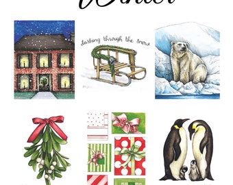 A2 Notecards WINTER - Set of 6 greeting cards & envelopes, holiday christmas snow festive