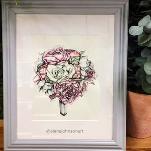 CUSTOM Bridal Wedding Bouquet Portrait Drawing in Watercolor and Pen image 4