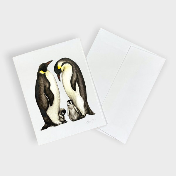Penguin Couple with Babies A2 Individual Notecard, Blank Greeting Card, 4.25"x5.5" folded