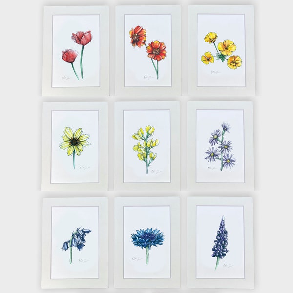 5x7 Wildflower matted prints, mix and match single 1 or set of 3, set of 5, or set of 9