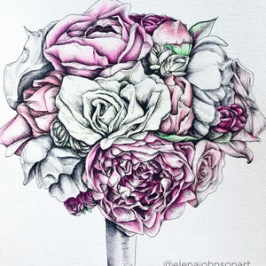 CUSTOM Bridal Wedding Bouquet Portrait Drawing in Watercolor and Pen image 5