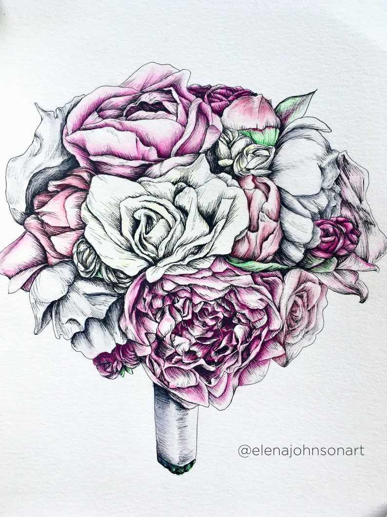 CUSTOM Bridal Wedding Bouquet Portrait Drawing in Watercolor and Pen image 5