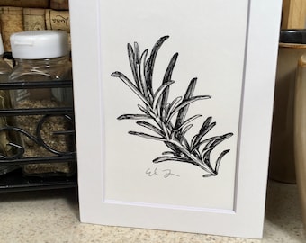 Rosemary Herb Pen & Ink Black and White Botanical Illustration Drawing (5x7 Matted Print)