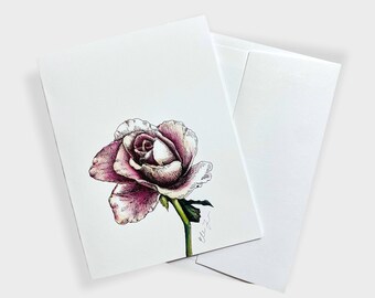 Pink Rose A2 Individual Notecard, Blank Greeting Card with watercolor painting, pen and ink design, 4.25"x5.5" folded