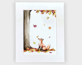 Fox with Falling Leaves Watercolor Painting with Ink Drawing (8x10 PRINTS)