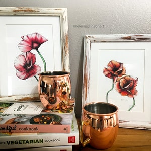Set of 2 - Red and Orange Poppy Flowers Water Color & Ink Botanical Illustration Drawings (8x10 MATTED or FRAMED PRINTS)