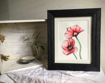 Red Poppies Flower Water Color & Ink Floral Botanical Illustration Drawing (MATTED PRINT)