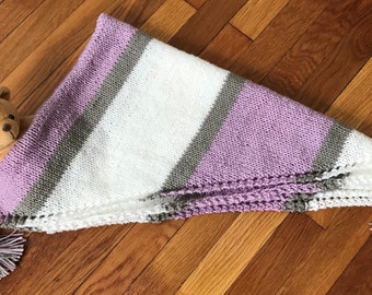 Lilac, White, and Grey Candy Stripe Knit Baby Blanket with Tassels