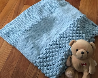 Light Blue Textured Tri-Stripe Knit Baby Blanket