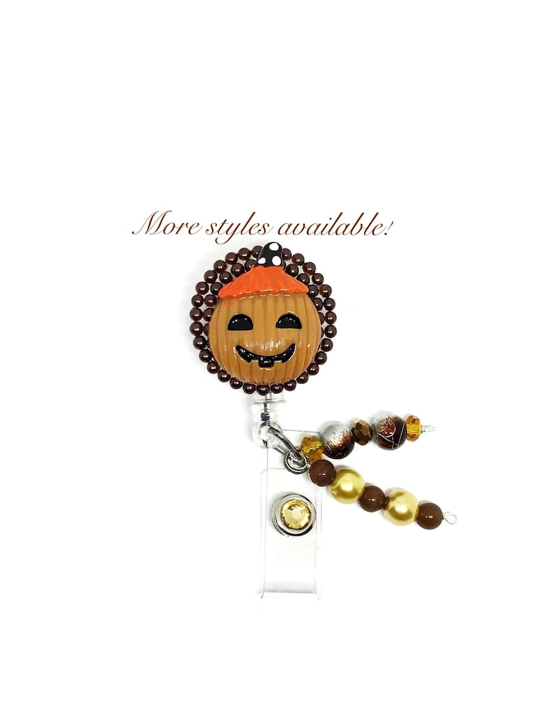 Pumpkin badge reel. Name badge holder Retractable nurse ID badge clip Halloween badge reel