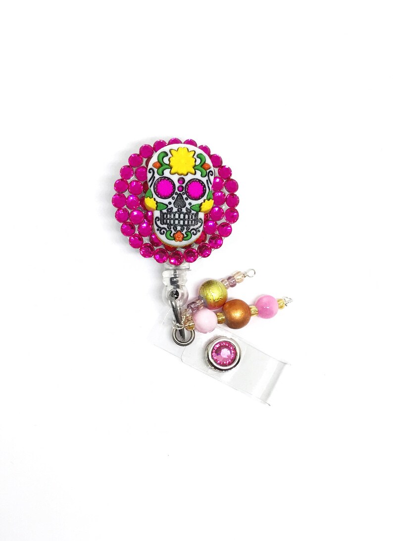 Sugar skull badge reel Name badge holder. Retractable Etsy