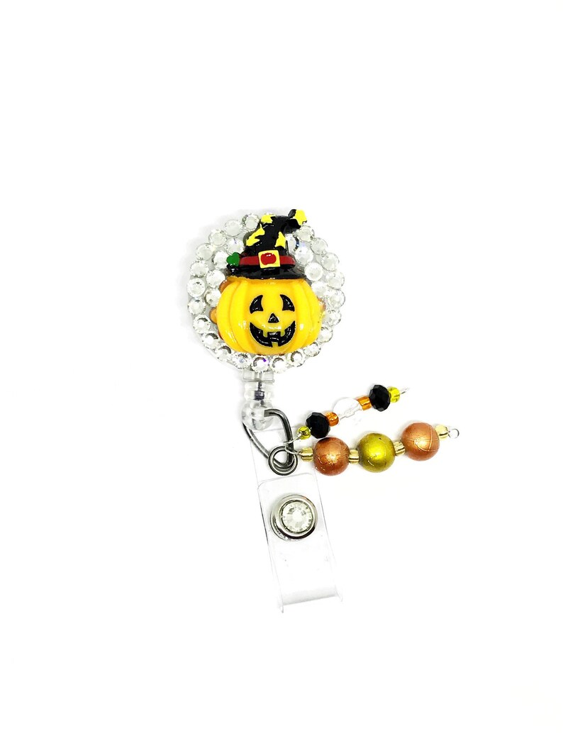 Pumpkin badge reel. Name badge holder Retractable nurse ID badge clip Halloween badge reel