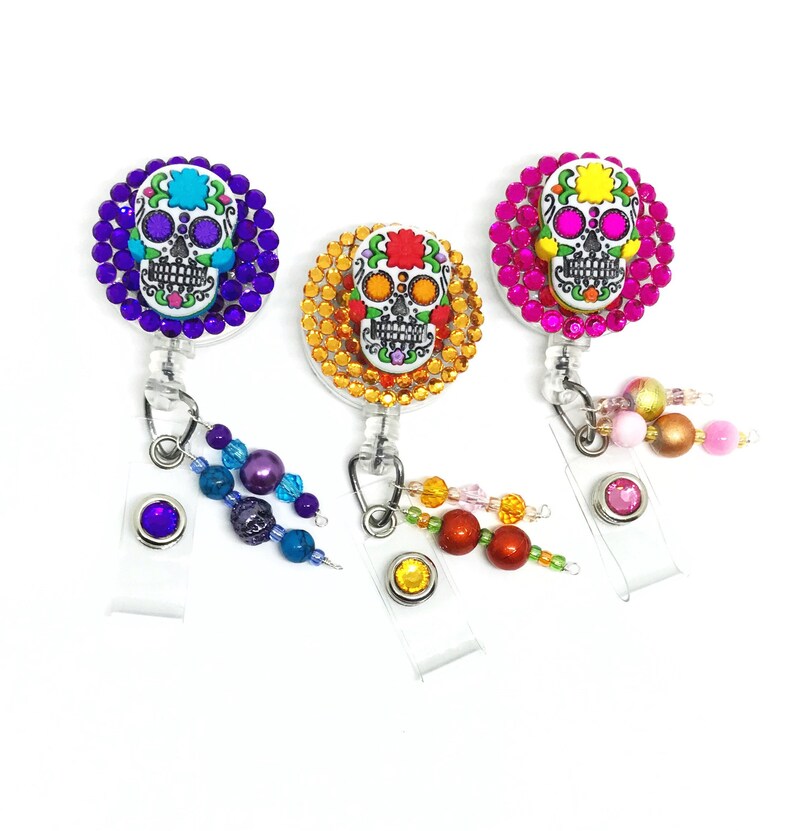 Sugar skull badge reel Name badge holder. Retractable Etsy