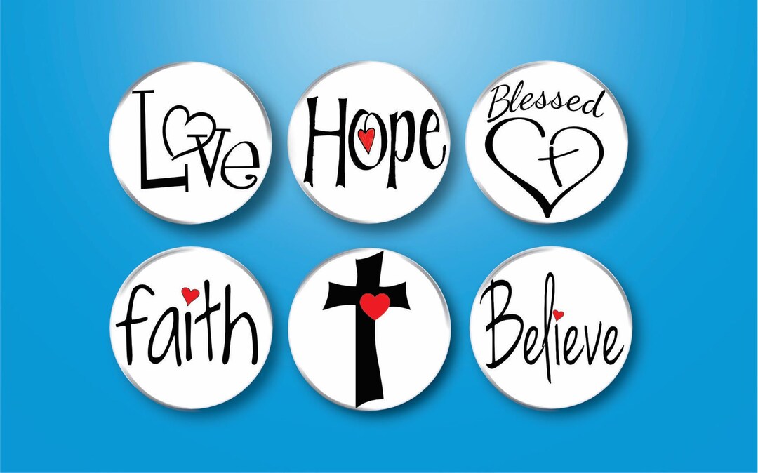 Christian Buttons Pins 1.25 Faith Cross Love Blessed Believe Hope Black