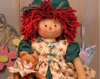 Primitive Rag Doll Pattern, Folk Art Cloth Sewing PDF, Raggedy Ann-Inspired w/baby bear