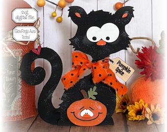 Halloween Cat Pumpkin SVG, Shelf Sitter Laser Cut File, Friendly Fall Decor