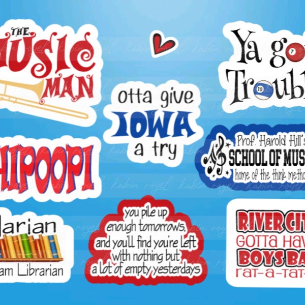 Music Man Stickers, Die Cut Set of 8, Broadway Gifts, Musical Theatre, Scrapbook Stickers, River City, Ya Got Trouble, Boys Band