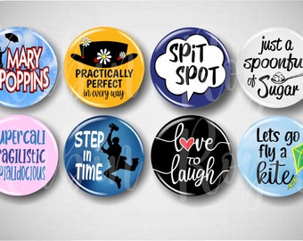 Practically Perfect // Musical Pins, Buttons, 1.25" Set of 8 Pinbacks, Broadway Pins, Broadway Gifts, Musical Theatre, Mary