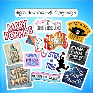 Puede incluir: Un conjunto de 12 pegatinas digitales imprimibles con citas e imágenes de las películas Mary Poppins y El regreso de Mary Poppins. Las pegatinas incluyen frases como "Vamos a volar una cometa", "Supercalifragilisticexpialidocious", "Step in Time", "Chim Chim Cher-ee", "Todo es posible", "Votos para las mujeres", "Alimenta a los pájaros", "Felices fiestas", "Perfecto en todos los sentidos", "Prácticamente perfecto", "Cherry Tree Lane", y "Solo una cucharada de azúcar".
