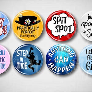 Practically Perfect // Musical Pins, Buttons, 1.25&quot; Set of 8 Pinbacks, Broadway Pins, Broadway Gifts, Musical Theatre, Mary