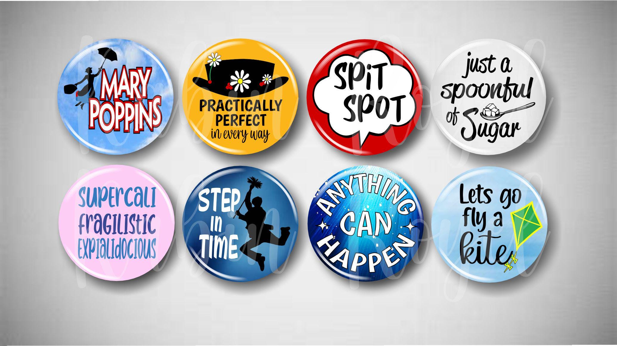 Mary Poppins Pins: Broadway Musical Theatre Pinback Buttons, Gifts, Set of 8