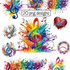 May include: A collection of 20 PNG designs featuring colorful musical notes and treble clefs. The designs showcase vibrant splashes of paint in rainbow hues, with musical symbols as the central focus. The text "20 png designs" is also included.