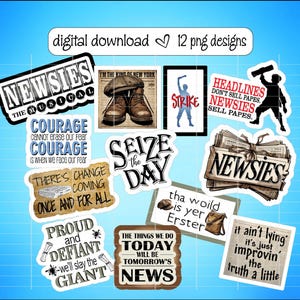 Musical Newsies, PNG, pegatinas, adornos para cupcakes, accesorios para fotomatón, arte mural, musicales de Broadway, teatro musical, regalos, adornos, carteles