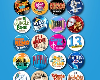Broadway Show Inspired Pins, Buttons, 1.25" Pinback, Musical Theatre, Gifts, Broadway Gifts, Select Your Favorite