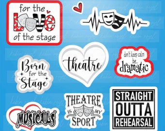 Theatre Stickers, Die Cut Set of 8, Theatre Gifts, Broadway Gifts, Musical Theatre, Stage Stickers, Scrapbook Stickers