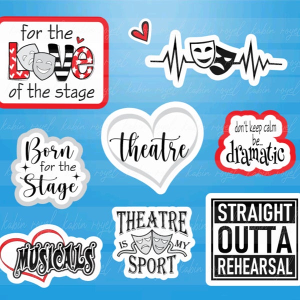 Theatre Stickers, Die Cut Set of 8, Theatre Gifts, Broadway Gifts, Musical Theatre, Stage Stickers, Scrapbook Stickers