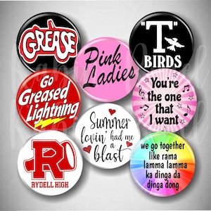 Grease Musical Pins: Buttons, Broadway Theatre Pinback, Gift, Set of 8