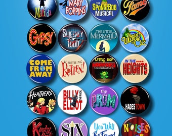 Broadway Show Inspired Pins, Buttons, 1.25", Musical Theatre, Broadway Gifts, Select Your Favorite, Musicals