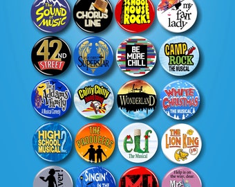 Broadway Show Inspired Pins, Buttons, 1.25", Musical Theatre, Broadway Gifts, Broadway Pins, Musical Gifts