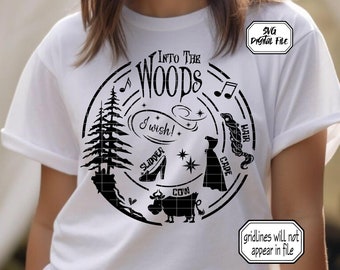 May include: Black and white design for a t-shirt featuring a circle with the words "Into the Woods" and images of a slipper, a cow, a cape, and hair. The text "I wish!" is also included in the design.