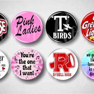 Grease // Musical Pins, Buttons, 1.25" Set of 8 Pinbacks, Broadway Pins, Broadway Gifts, Grease Quotes, Musical Theatre