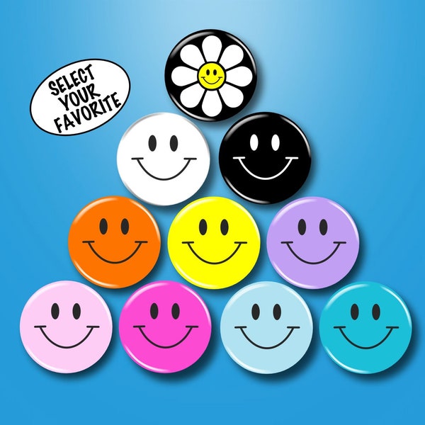 Happy Face Pins, Buttons, 1.25" Pinbacks, Smiling, Smile, Yellow, Daisy, Black, White, Party Supply Favors Gift, Backpack Pins